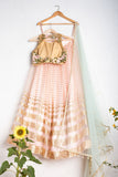 ROSE PINK LEHENGA WITH OYSTER FLORAL BLOUSE AND MINT BLUE DUPATTA