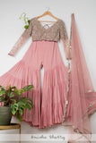 DUSKY PINK LAYERED SHARARA SET WITH MIRROR & SEQUIN BLOUSE WITH DUPATTA