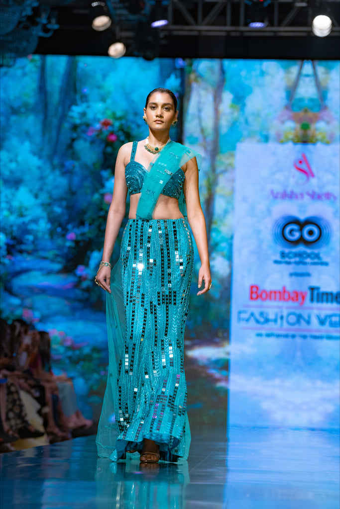 THE DAWN PRESTITCHED SAREE IN TEAL BLUE