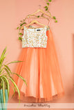 CORAL TULLE LEHENGA WITH IVORY COLORFUL CROPTOP