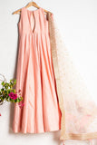 CORAL SALMON ANARKALI WITH OFFWHITE RAINBOW SEQUENCE DUPATTA WITH PEACH BORDER