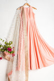 CORAL SALMON ANARKALI WITH OFFWHITE RAINBOW SEQUENCE DUPATTA WITH PEACH BORDER