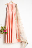 CORAL SALMON ANARKALI WITH OFFWHITE SEQUENCE & COLORED THREADWORK DUPATTA WITH GRAY BORDER