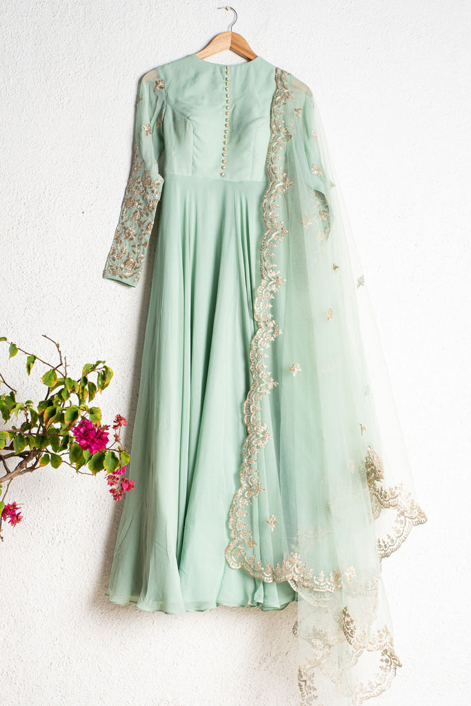 HIMALAYAN MINT GREEN ANARKALI WITH SCALLOP EMBROIDERED DUPATTA