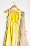 CHARTREUSE GREEN ANARKALI OFFWHITE SEQUENCE & COLORED THREADWORK DUPATTA WITH GRAY BORDER
