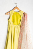 CHARTEUSE GREEN ANARKALI WITH OFFWHITE RAINBOW SEQUENCE DUPATTA WITH PEACH BORDER