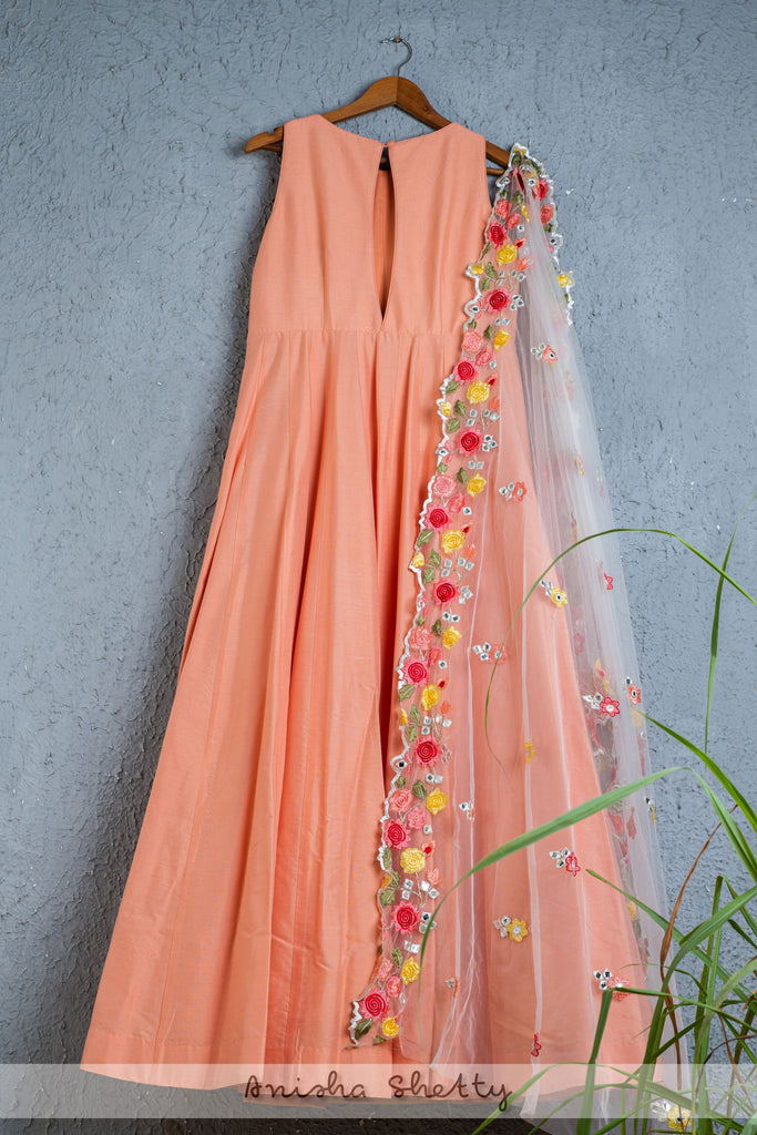 CORAL SALMON ANARKALI WITH OFFWHITE COLORFUL THREADWORK EMBROIDERED DUPATTA