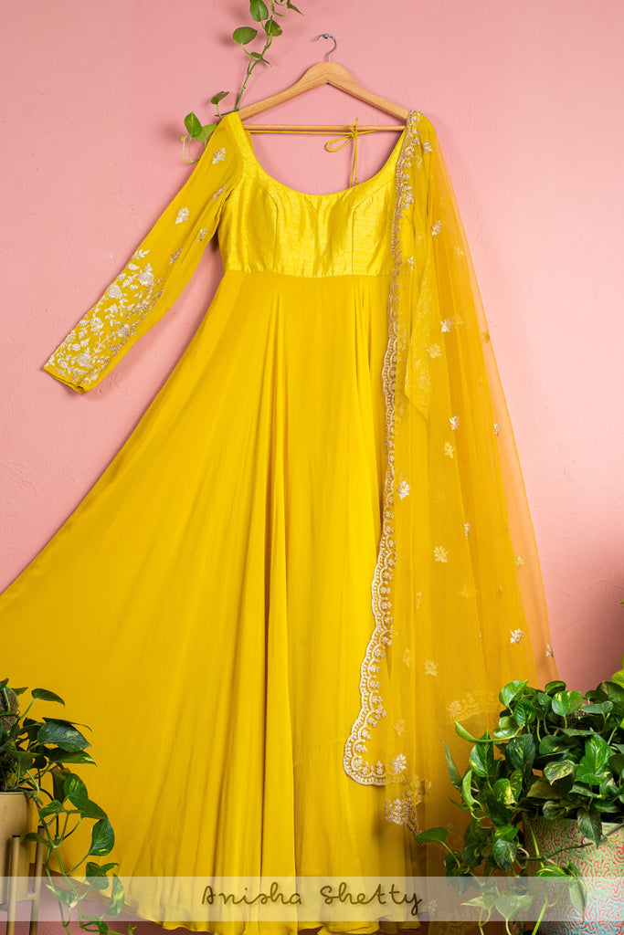 TUSCAN YELLOW ANARKALI WITH SCALLOP EMBROIDERED DUPATTA