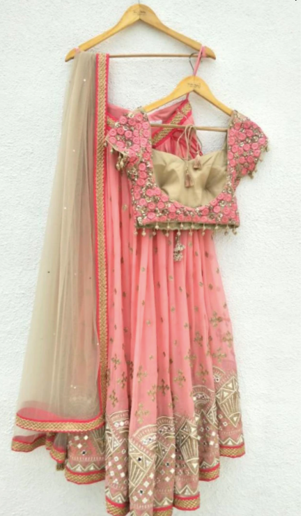 PINK EMBROIDERED LEHENGA WITH NUDE DUPATTA AND EMBROIDERED BLOUSE
