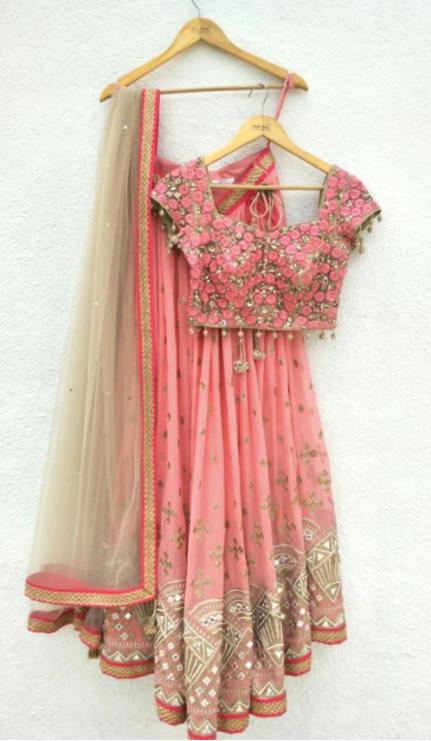 PINK EMBROIDERED LEHENGA WITH NUDE DUPATTA AND EMBROIDERED BLOUSE