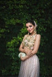 ROSE PINK LEHENGA WITH OYSTER FLORAL BLOUSE AND MINT BLUE DUPATTA