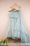 BLUEBERRY GRAY TULLE LEHENGA WITH BLUEBERRY BUSTIER BLOUSE & FRILL DUPATTA