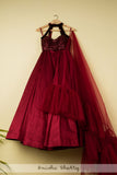 BURGUNDY LEHENGA WITH SEQUENCE HALTER BLOUSE AND FRILL DUPATTA
