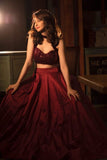 BURGUNDY LEHENGA WITH SEQUENCE HALTER BLOUSE AND FRILL DUPATTA