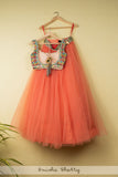 CORAL TULLE LEHENGA WITH MULTICOLOR MIRROR BLOUSE