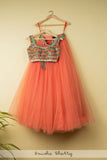 CORAL TULLE LEHENGA WITH MULTICOLOR MIRROR BLOUSE