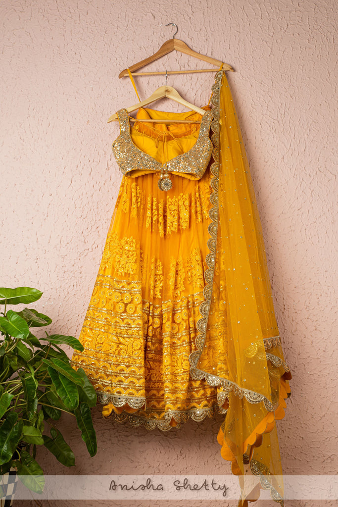 CLASSIC YELLOW EMBROIDERED THREADWORK LEHENGA WITH ABLA & SEQUENCE BLOUSE