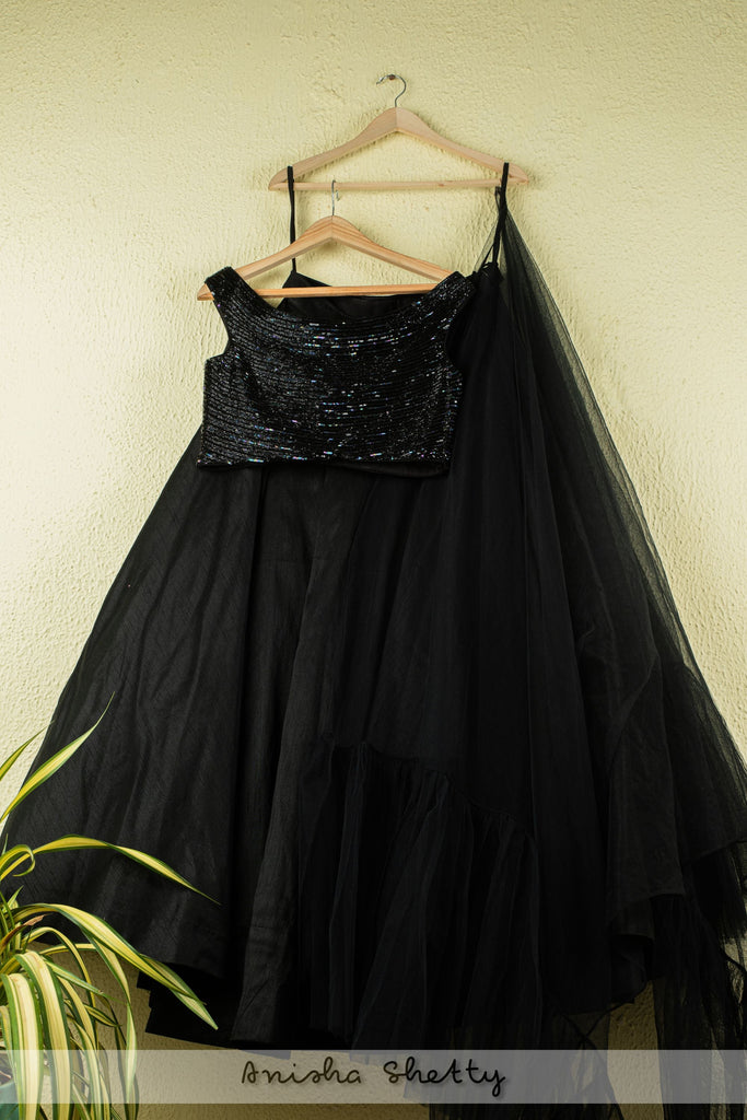 JADE BLACK LEHENGA WITH OFFSHOULDER SEQUENCE BLOUSE AND FRILL DUPATTA