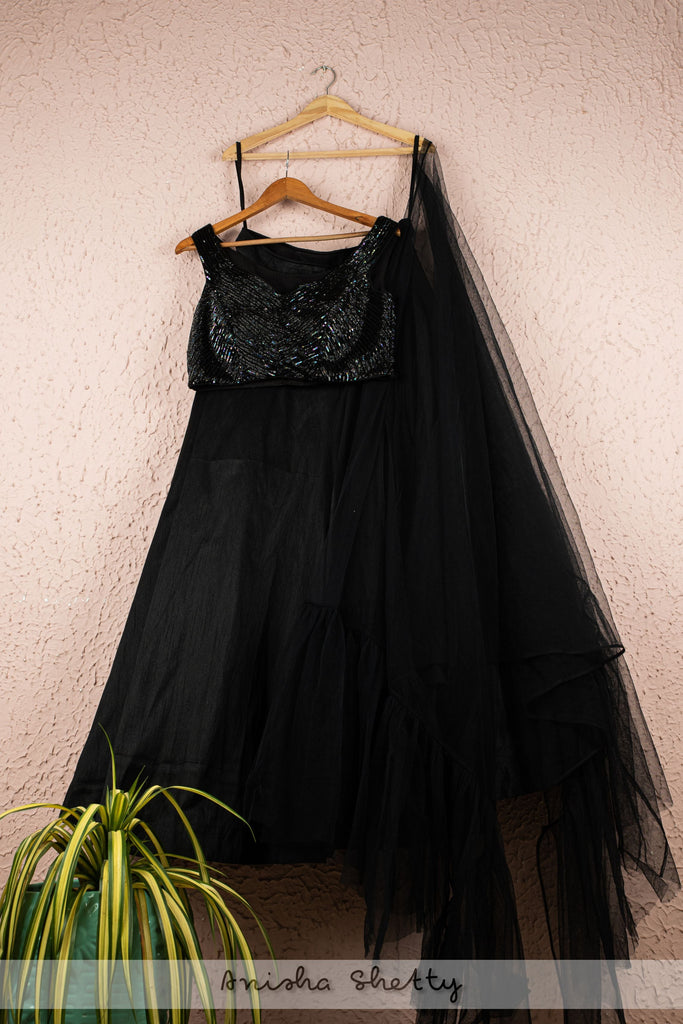 JADE BLACK LEHENGA WITH OFFSHOULDER SEQUENCE BLOUSE AND FRILL DUPATTA