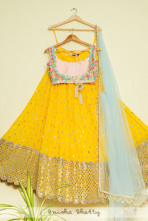 Ivory Sequence Lehenga With Pineapple Yellow Mirrorwork Blouse