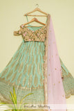 MINT GREEN SEQUENCE LEHENGA WITH OYSTER FLORAL BLOUSE & PINK DUPATTA