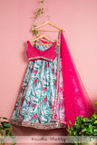 TROPICAL PRINT MIRROR LEHENGA SKIRT WITH SEQUENCE HOT PINK BLOUSE & DUPATTA