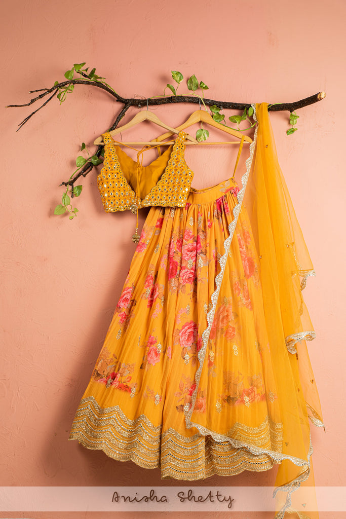 Yellow Georgette Mirror Embroidery Work Lehenga Choli - Featured Product