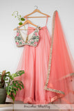 WATERMELON PINK ORGANZA LEHENGA WITH TROPICAL EMBROIDERED BLOUSE & DUPATTA