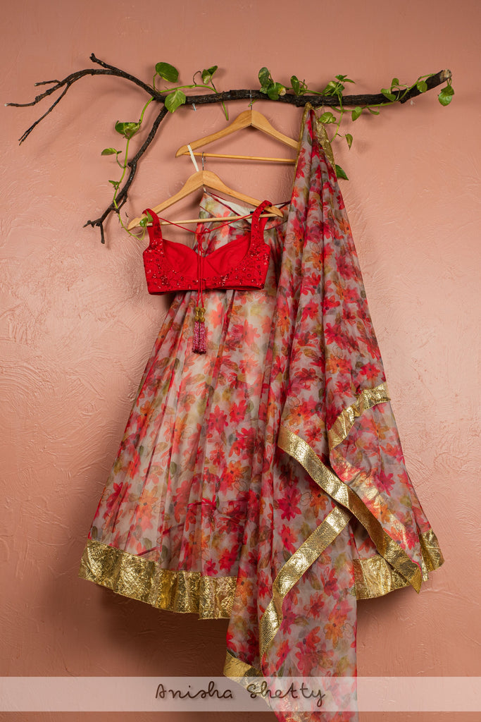 RED  PRINTED FLORAL LEHENGA WITH RED EMBROIDERED BLOUSE