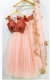 PEACH ROSE PINK LEHENGA WITH RED BLOUSE.