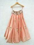 PEACH MIRROR AND SILVER ZARDOSI EMBROIDERED LEHENGA WITH OFF SHOULDER BLOUSE AND SILVER EMBROIDERY