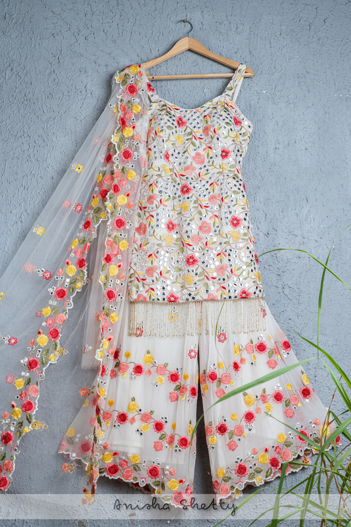 WHITE SHARARA KURTA WITH FLORAL EMBROIDERY