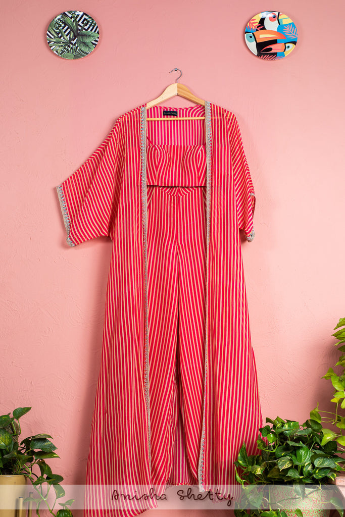 BRIGHT PINK STRIPE PALLAZO PANT WITH CROPTOP WITH PRINTED STRIPE CAPE & BELT